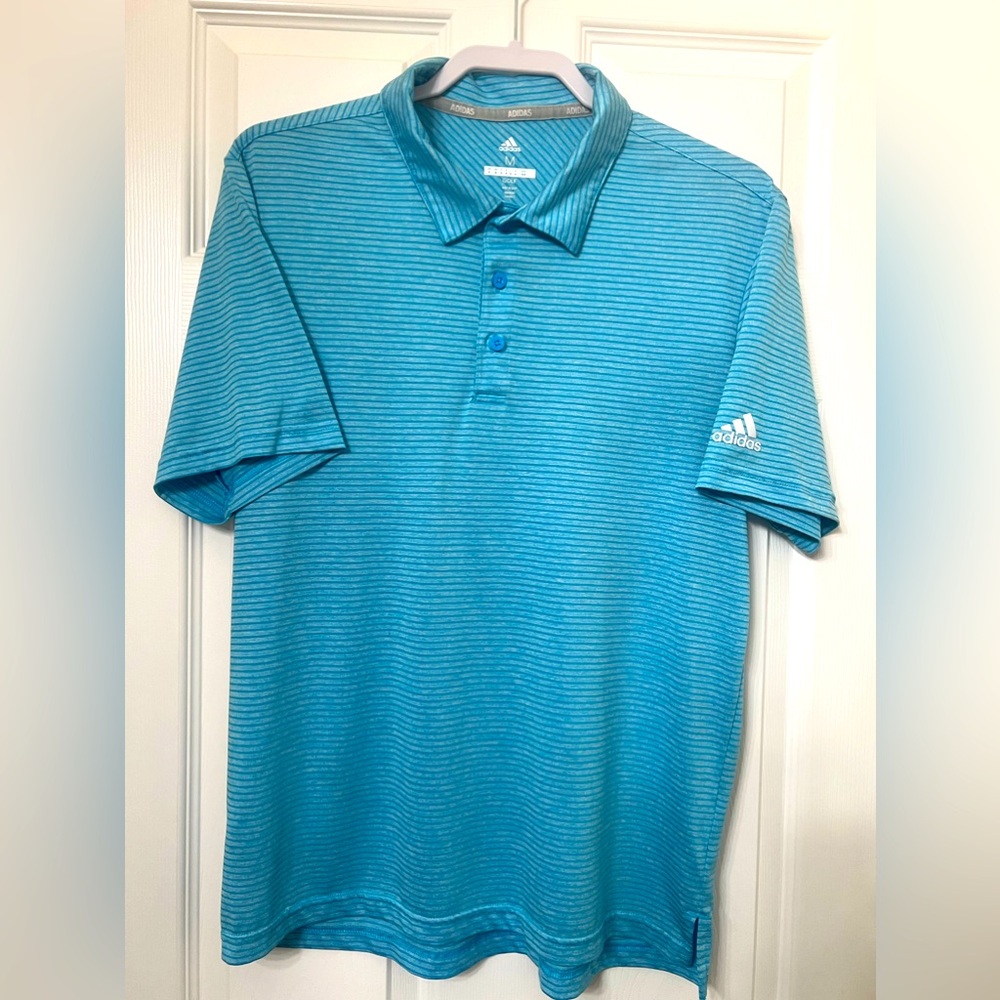Men’s Adidas Golf Polo, Size Medium, Blue Striped, EUC
